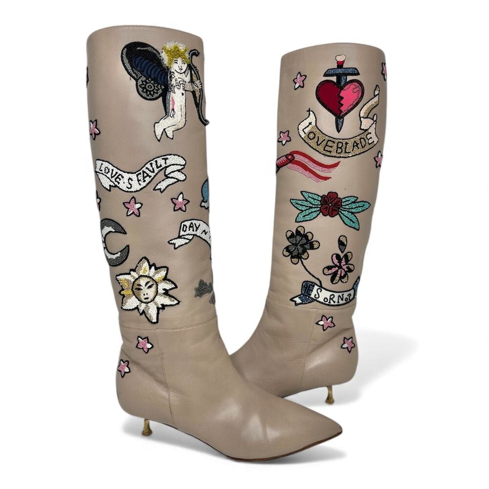 Valentino Garavani EU 38 US 8 Loveblade Twist Heel Embellished Knee Boot Poudre